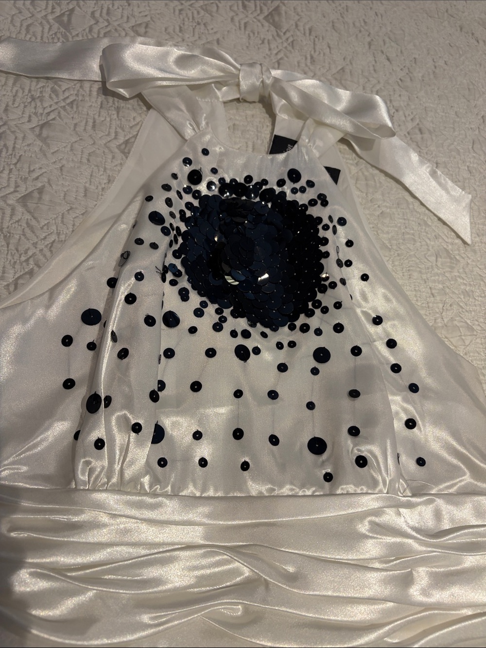 White Satin Halter Top with Black Sequin Burst
